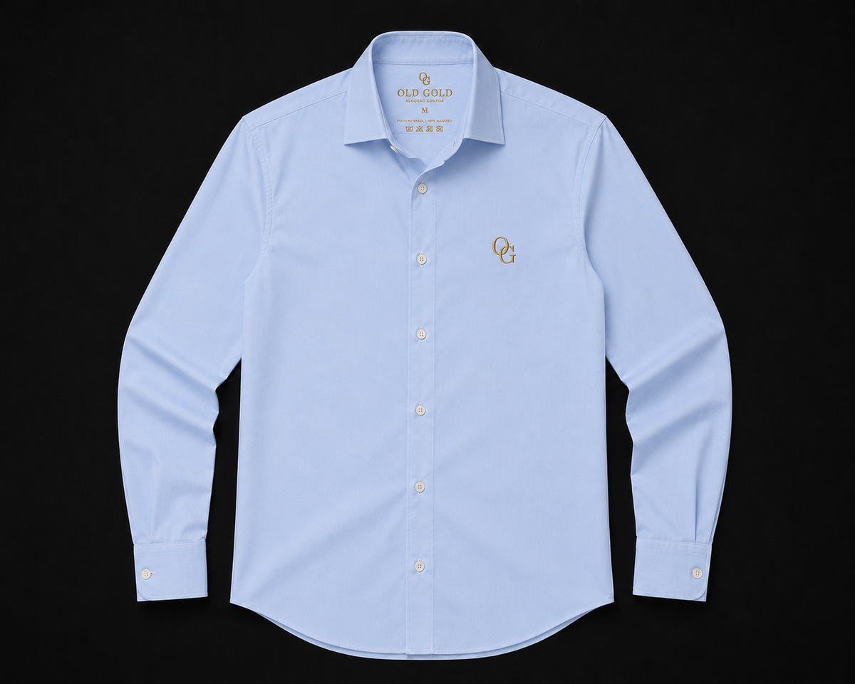 Camisa Social Manga Longa Azul Clara Old Gold – Algodão com Símbolo OG