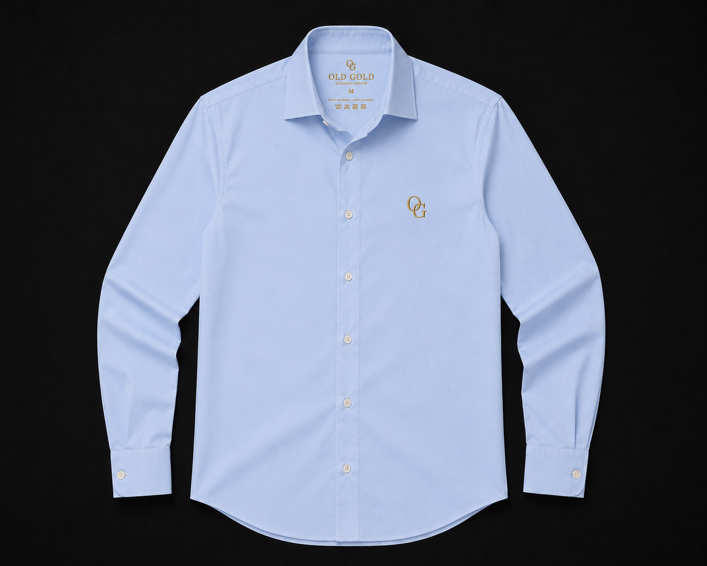 Camisa Social Manga Longa Azul Clara Old Gold – Algodão com Monograma OG
